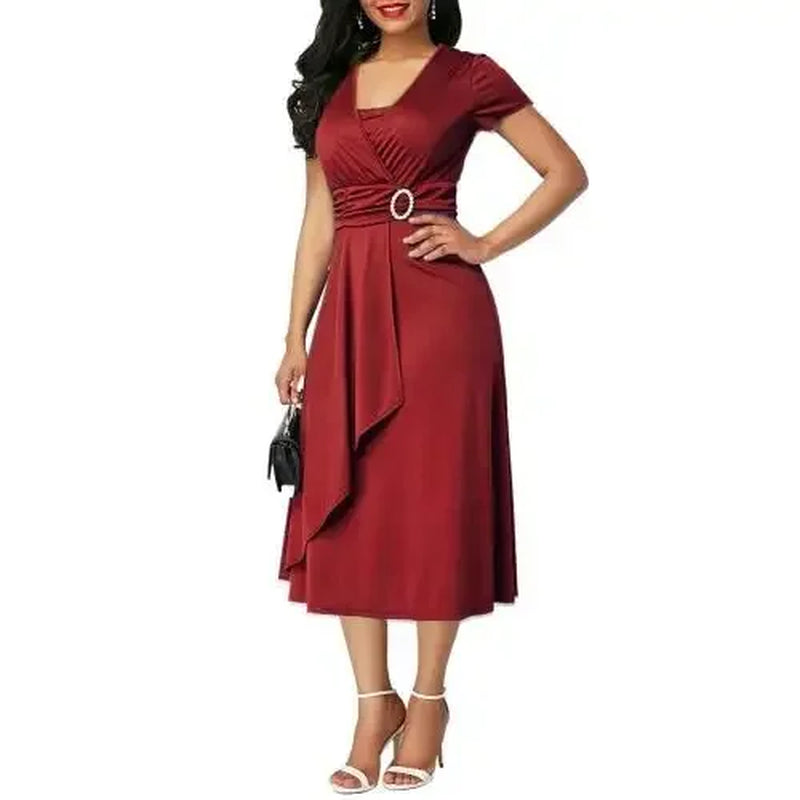 Elegant Women Solid Color Short Sleeve V Neck Asymmetric Hem Waist Tight Midi Party Dress Ladies Evening Vestidos