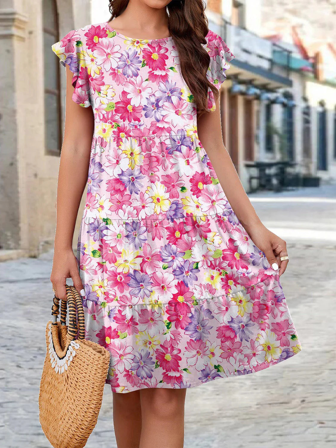 Printed round Neck Tiered Dress