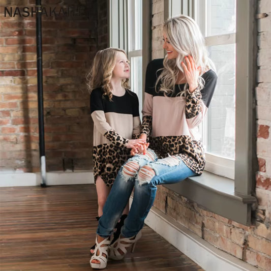2022 Mother and Daughter Clothes Long Sleeve Leopard Mother Kids Family Tshirt Set Mommy and Me Clothes Family Look