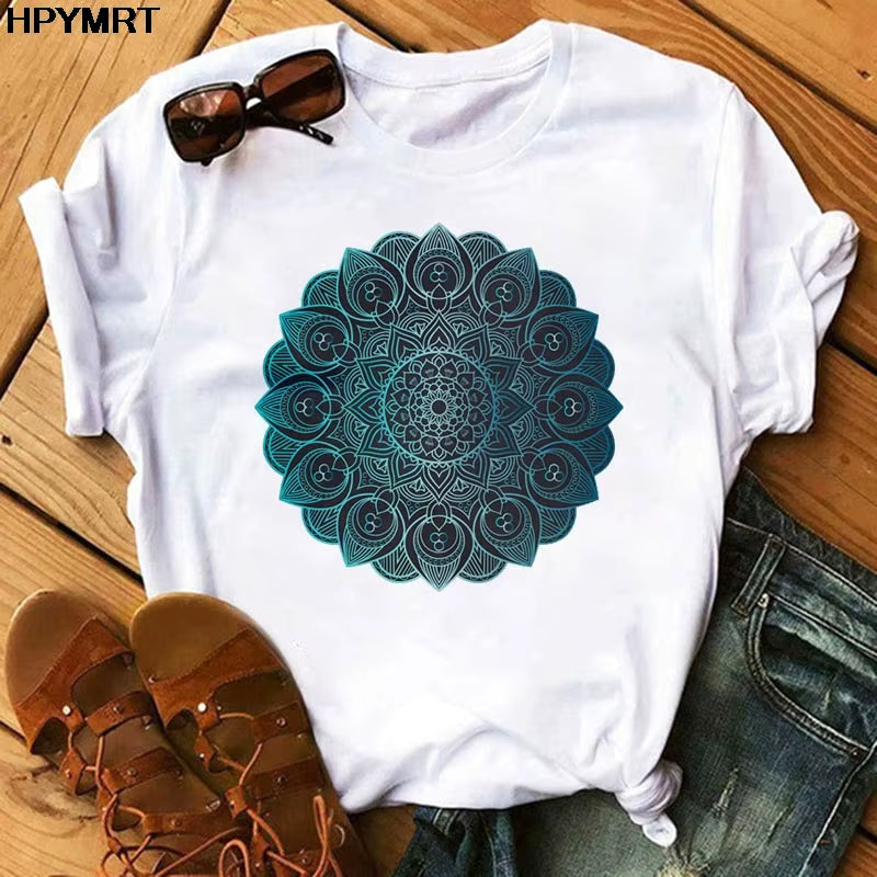 2020 New T Shirt Women Casual Fashion T-Shirt Beautiful Mandala Print Loose Short Sleeve Elastic Stretched Aesthetics Tshirt Top