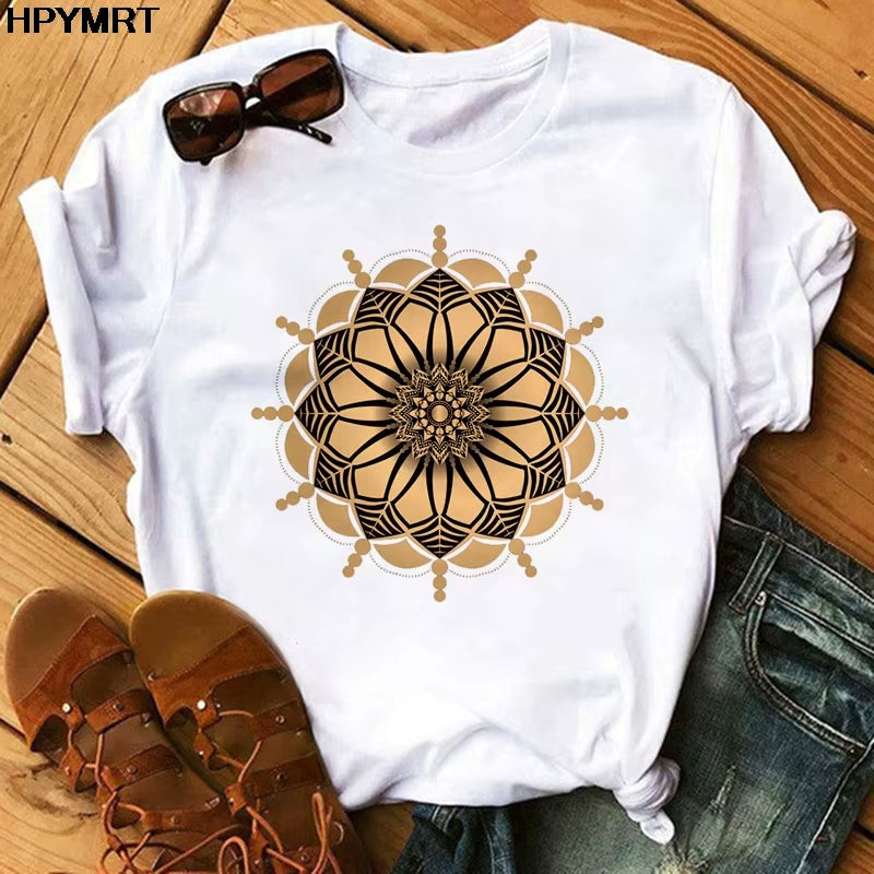 2020 New T Shirt Women Casual Fashion T-Shirt Beautiful Mandala Print Loose Short Sleeve Elastic Stretched Aesthetics Tshirt Top