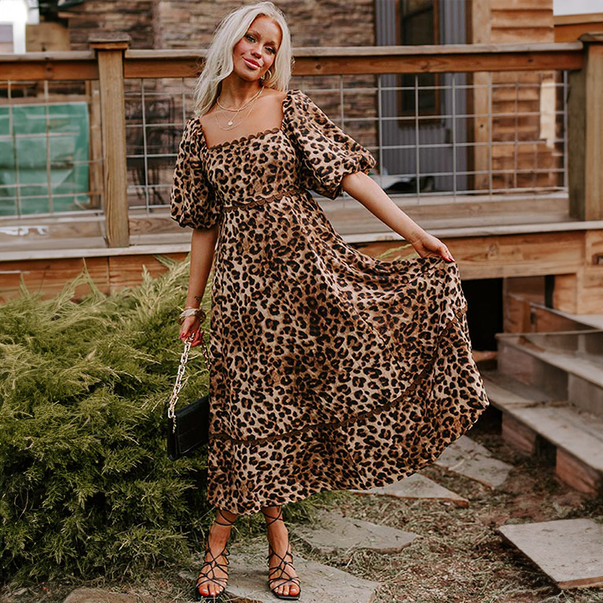 High Waist Dress Women'S Lantern Sleeve Printed Maxi Dress