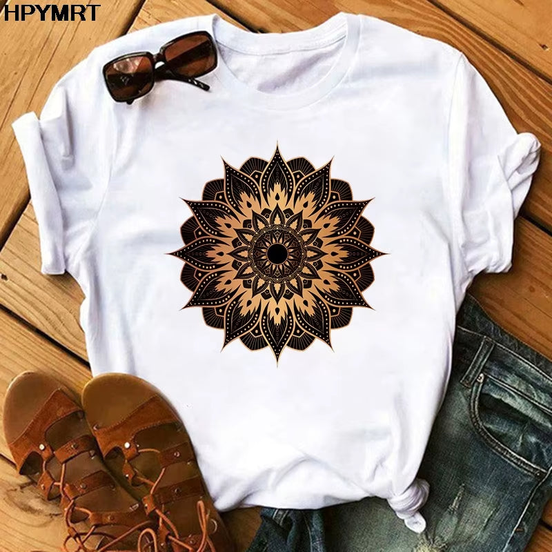 2020 New T Shirt Women Casual Fashion T-Shirt Beautiful Mandala Print Loose Short Sleeve Elastic Stretched Aesthetics Tshirt Top