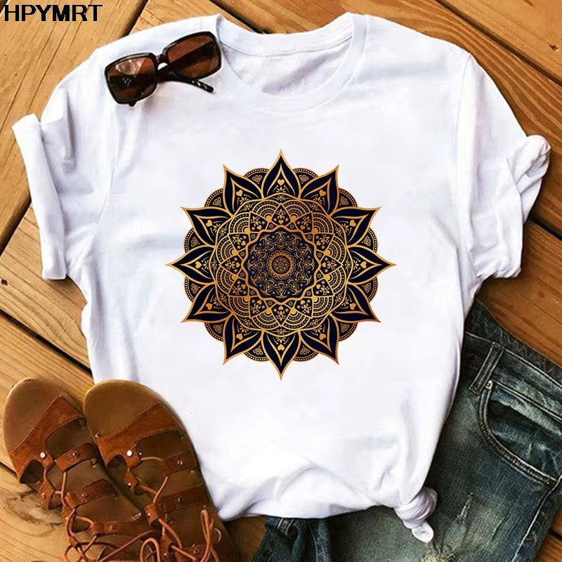 2020 New T Shirt Women Casual Fashion T-Shirt Beautiful Mandala Print Loose Short Sleeve Elastic Stretched Aesthetics Tshirt Top