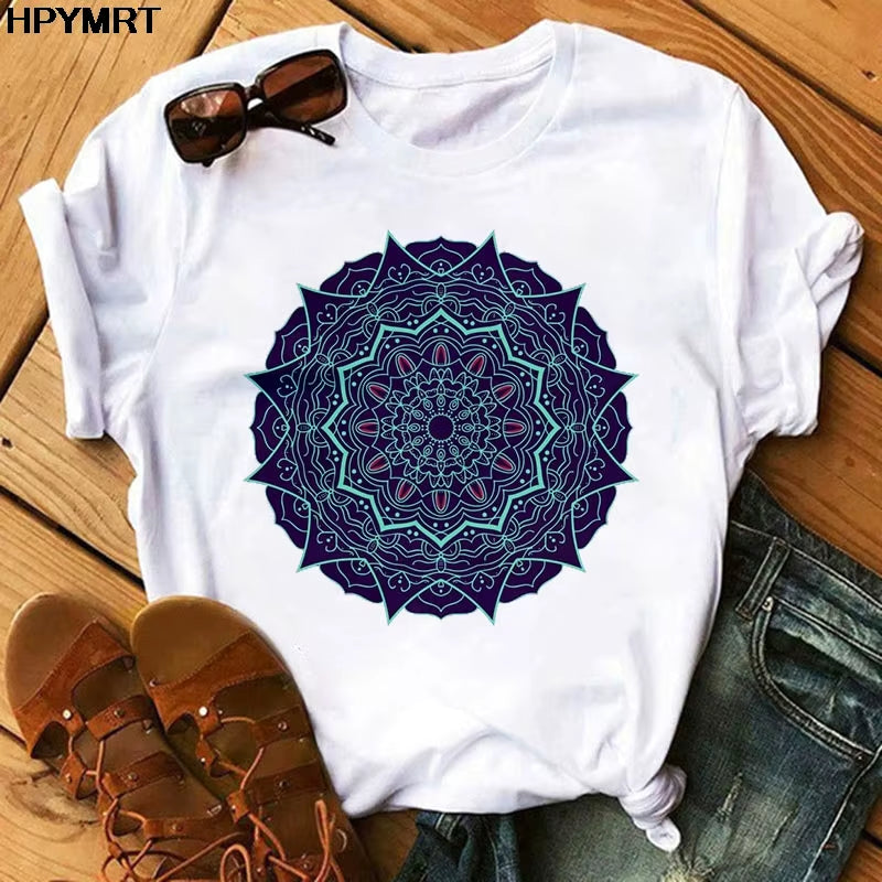 2020 New T Shirt Women Casual Fashion T-Shirt Beautiful Mandala Print Loose Short Sleeve Elastic Stretched Aesthetics Tshirt Top