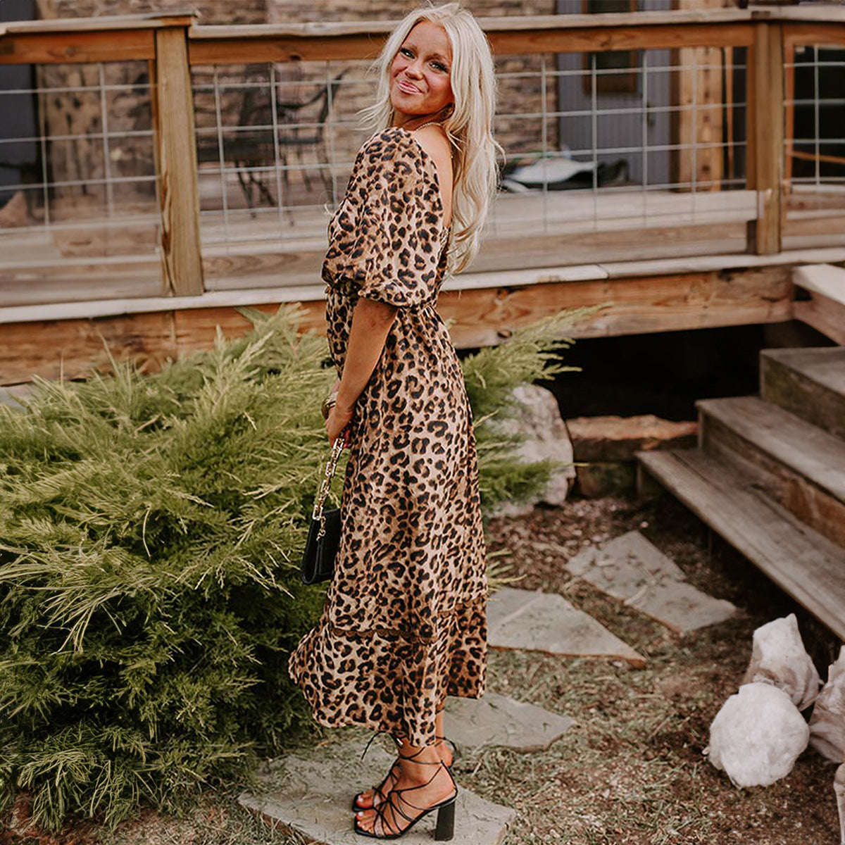 High Waist Dress Women'S Lantern Sleeve Printed Maxi Dress