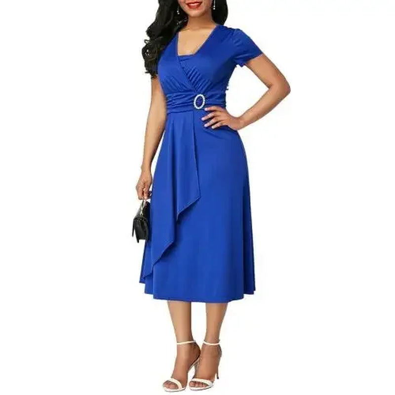 Elegant Women Solid Color Short Sleeve V Neck Asymmetric Hem Waist Tight Midi Party Dress Ladies Evening Vestidos