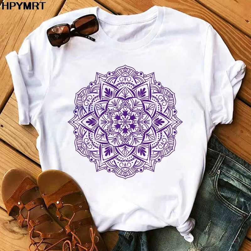 2020 New T Shirt Women Casual Fashion T-Shirt Beautiful Mandala Print Loose Short Sleeve Elastic Stretched Aesthetics Tshirt Top