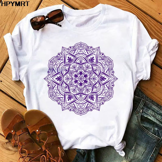 2020 New T Shirt Women Casual Fashion T-Shirt Beautiful Mandala Print Loose Short Sleeve Elastic Stretched Aesthetics Tshirt Top