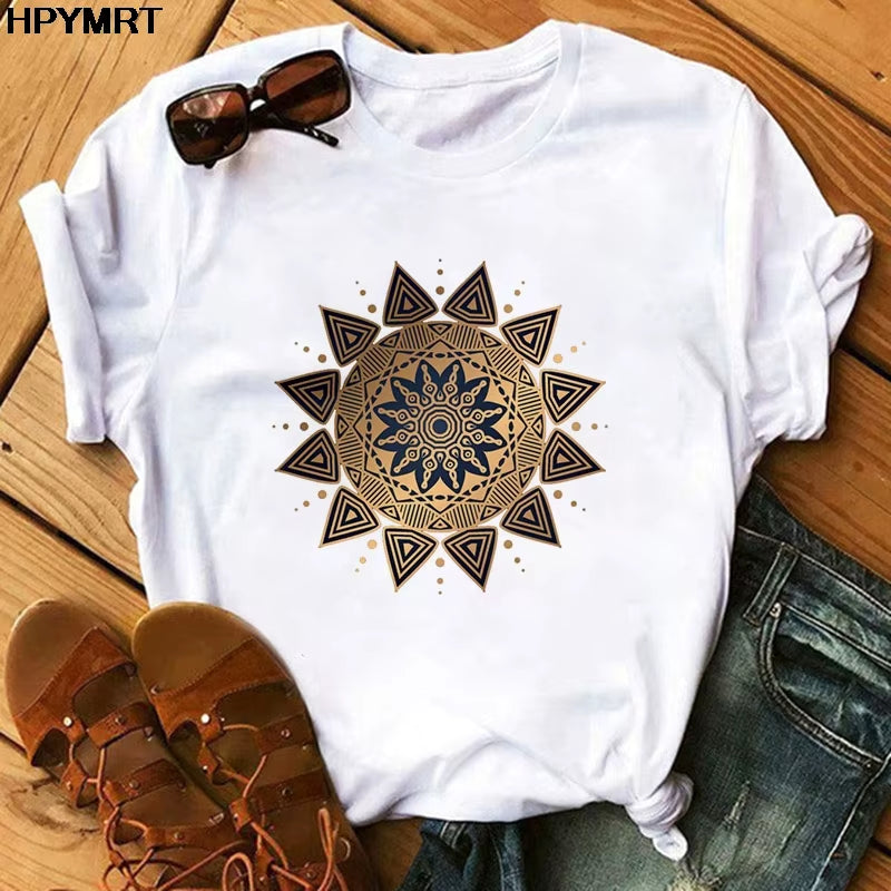 2020 New T Shirt Women Casual Fashion T-Shirt Beautiful Mandala Print Loose Short Sleeve Elastic Stretched Aesthetics Tshirt Top