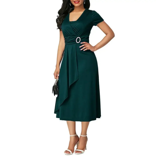 Elegant Women Solid Color Short Sleeve V Neck Asymmetric Hem Waist Tight Midi Party Dress Ladies Evening Vestidos