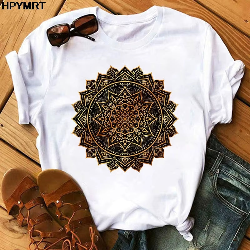 2020 New T Shirt Women Casual Fashion T-Shirt Beautiful Mandala Print Loose Short Sleeve Elastic Stretched Aesthetics Tshirt Top