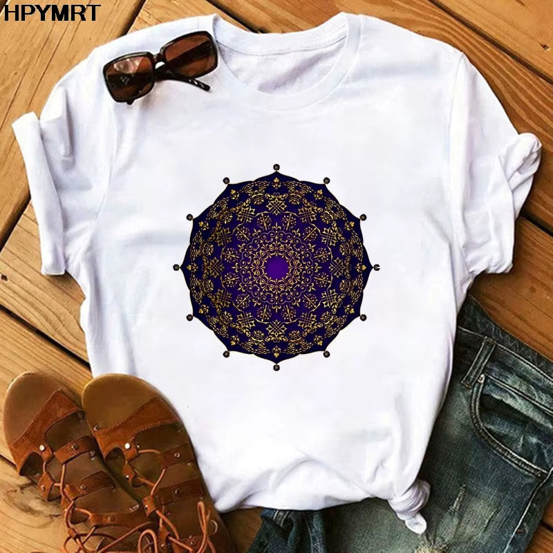 2020 New T Shirt Women Casual Fashion T-Shirt Beautiful Mandala Print Loose Short Sleeve Elastic Stretched Aesthetics Tshirt Top
