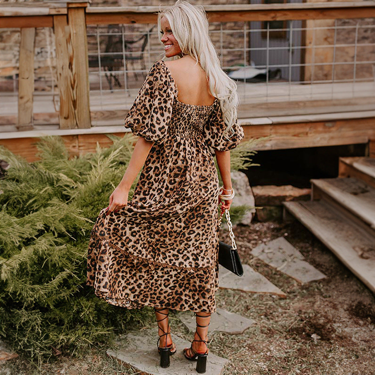 High Waist Dress Women'S Lantern Sleeve Printed Maxi Dress