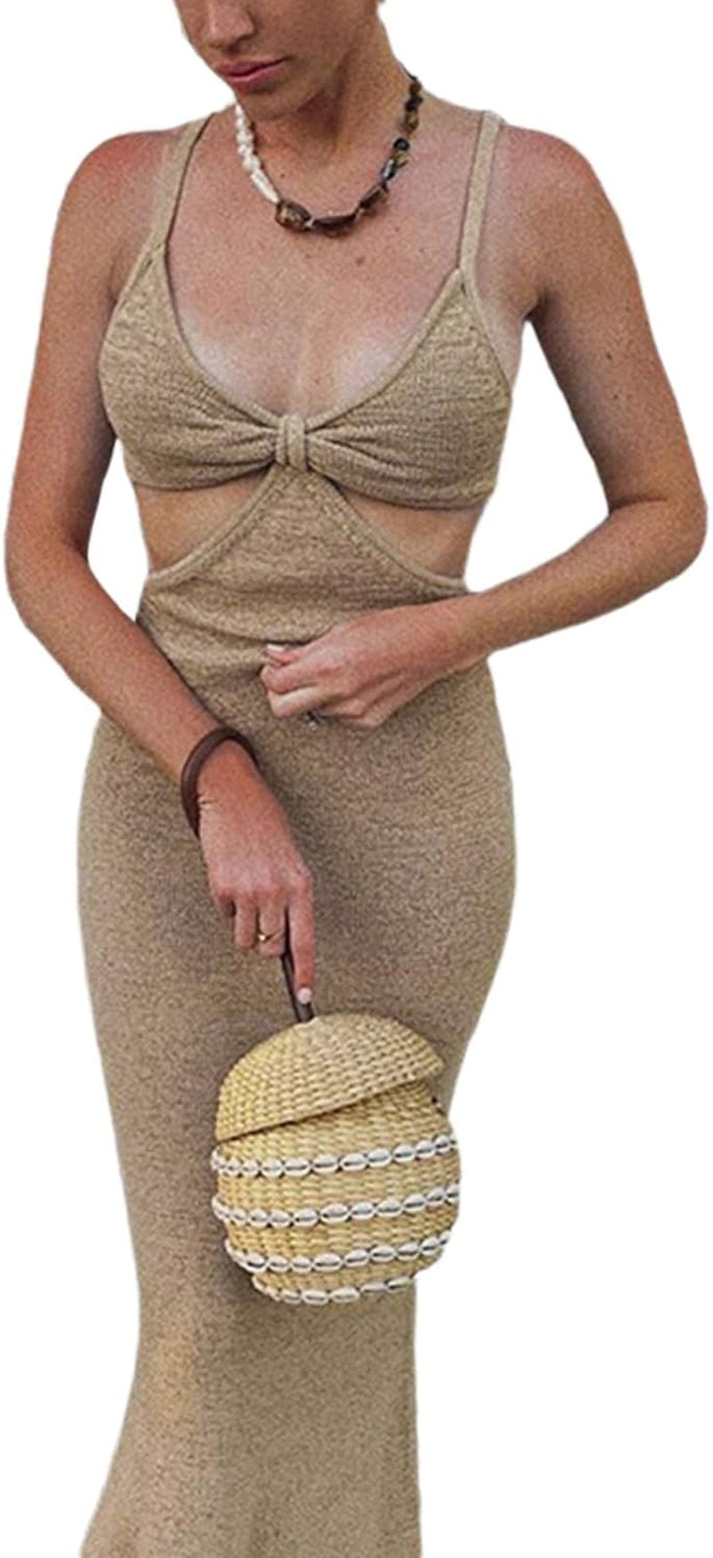 Women Cut Out Dress Y2K Summer Sexy Halter Neck Sleeveless Backless Knitted Bodycon Cutout Dress