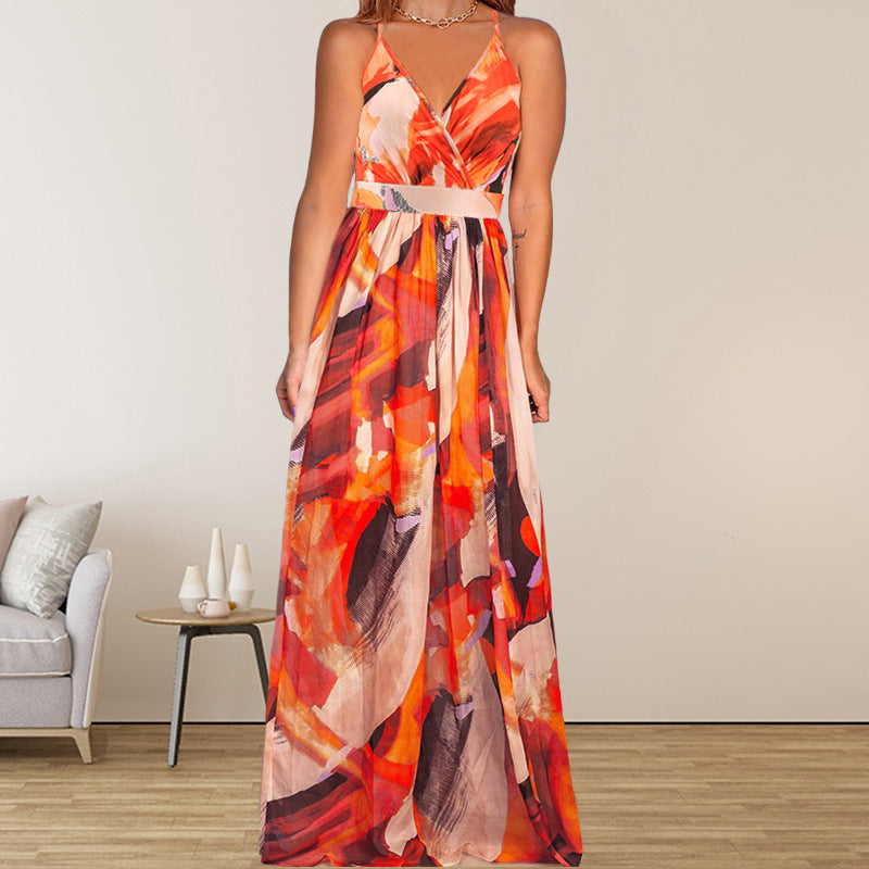 Women'S Mid-Waist Strap Type Printed Dress